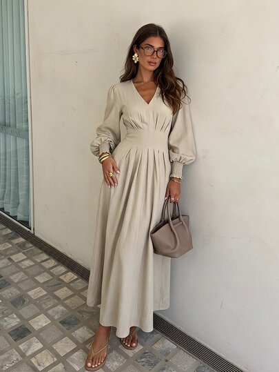 Siren Gaze Women's Elegant Commute Solid Color Lantern Sleeve Long Dress