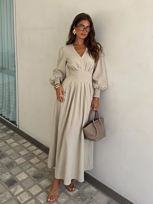 Siren Gaze Women's Elegant Commute Solid Color Lantern Sleeve Long Dress