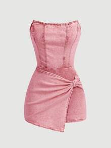SHEIN MOD Women's Fashionable Solid Color Tube Top Denim Jumpsuit,Valentine's Day Night Out Light Pink Summer - Pink - View 1