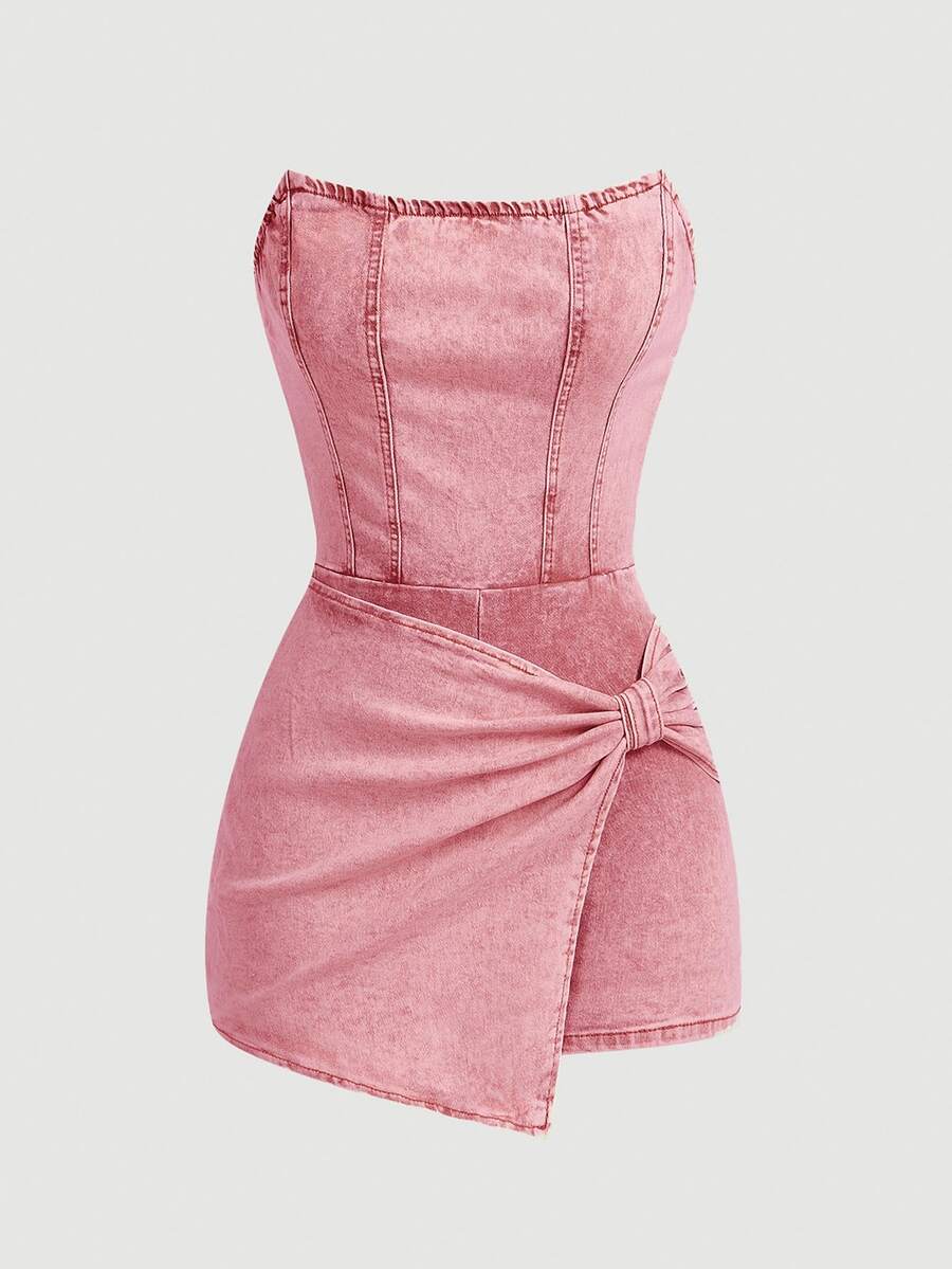 SHEIN MOD Women's Fashionable Solid Color Tube Top Denim Jumpsuit,Valentine's Day Night Out Light Pink Summer - Pink - View 1