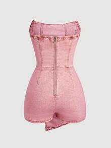 SHEIN MOD Women's Fashionable Solid Color Tube Top Denim Jumpsuit,Valentine's Day Night Out Light Pink Summer - Pink - View 2