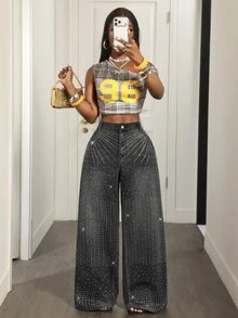 SHEIN BAE Plus-Size Women's High-Waisted Wide-Leg Casual Black Denim Jeans With Rhinestone Embellishment (Y2K Style) Autumn Concert - Black - View 5