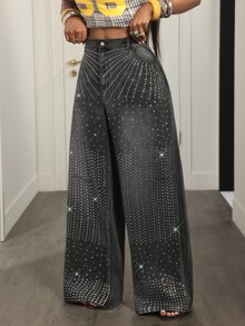SHEIN BAE Plus-Size Women's High-Waisted Wide-Leg Casual Black Denim Jeans With Rhinestone Embellishment (Y2K Style) Autumn Concert - Black - View 4