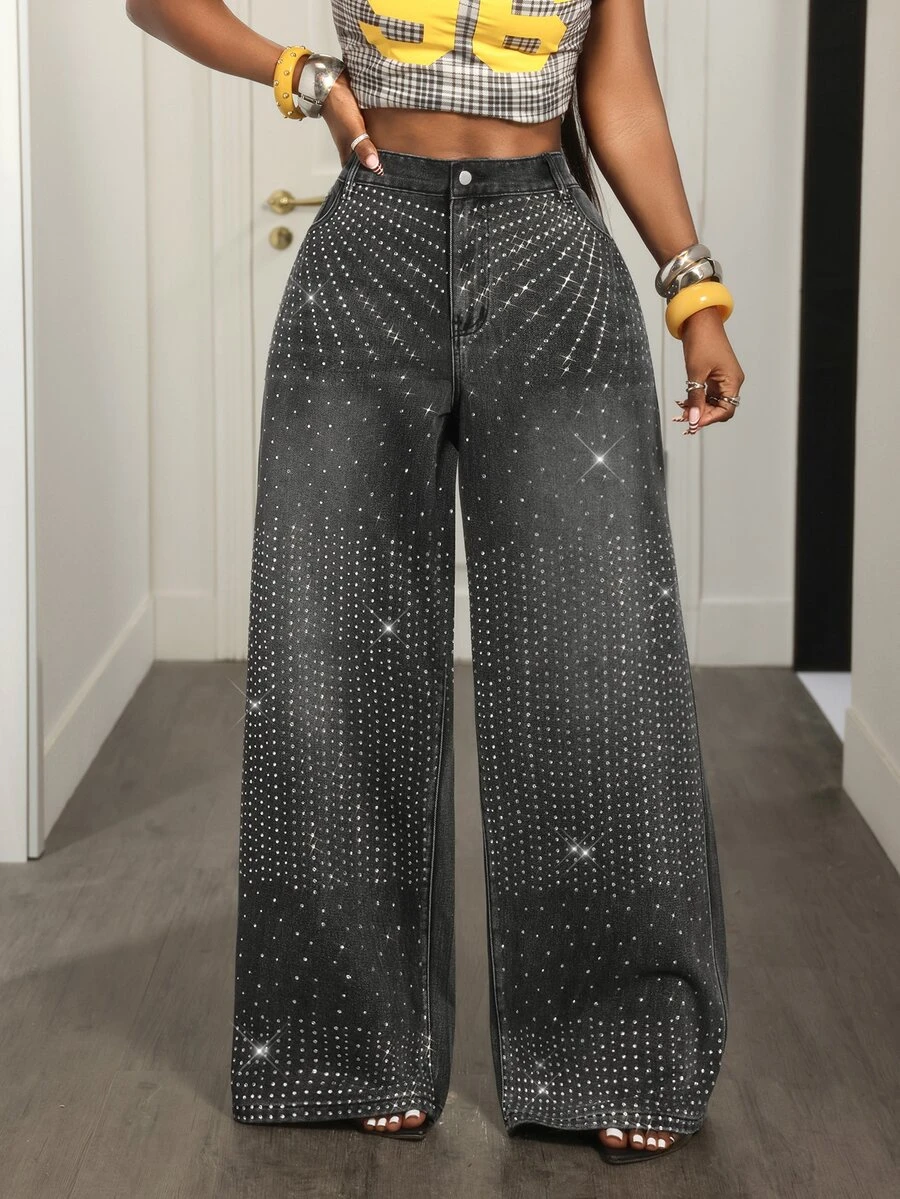 SHEIN BAE Plus-Size Women's High-Waisted Wide-Leg Casual Black Denim Jeans With Rhinestone Embellishment (Y2K Style) Autumn Concert - Black - View 1