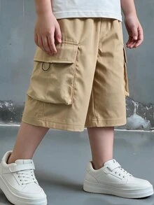 青少年男童休闲日常舒适贴袋宽松纯色梭织短裤 - 卡其色 - 查看 3