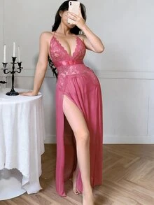 Sexy Mesh Split Maxi Nightgown For Women, Valentine's Day - Hot Pink - View 6