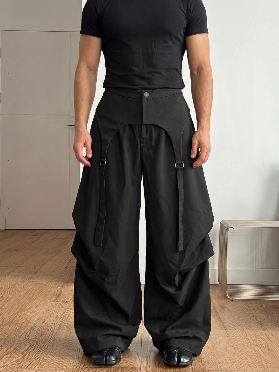 Manfinity BRENVOR Men's Deconstructed Design Pleated Wide Leg Long Pants - Black - View 1