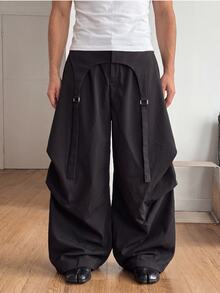 Manfinity BRENVOR Men's Deconstructed Design Pleated Wide Leg Long Pants - Black - View 11