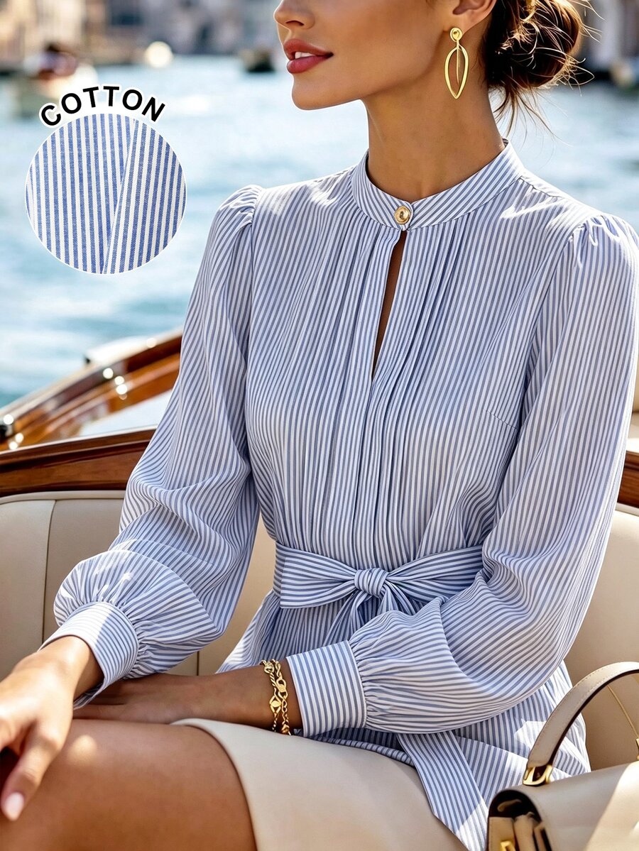 SHEIN Franclia 女款圓領百褶鈕扣領結豹紋印花襯衫,教師節辦公通勤穿搭,藍白條紋,夏季優雅休閒風 - 藍色 - 查看 1