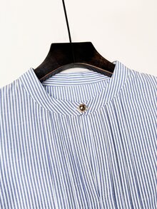 SHEIN Franclia 女款圓領百褶鈕扣領結豹紋印花襯衫，教師節辦公通勤穿搭，藍白條紋，夏季優雅休閒風 - 藍色 - 查看 7