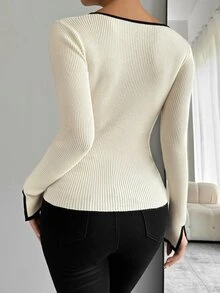 SHEIN Unity Black Trim Split Cuff Slim Fit Women's Casual Sweater, Long Sleeve Tops, Knit Pullover Fall Winter - Apricot - View 2