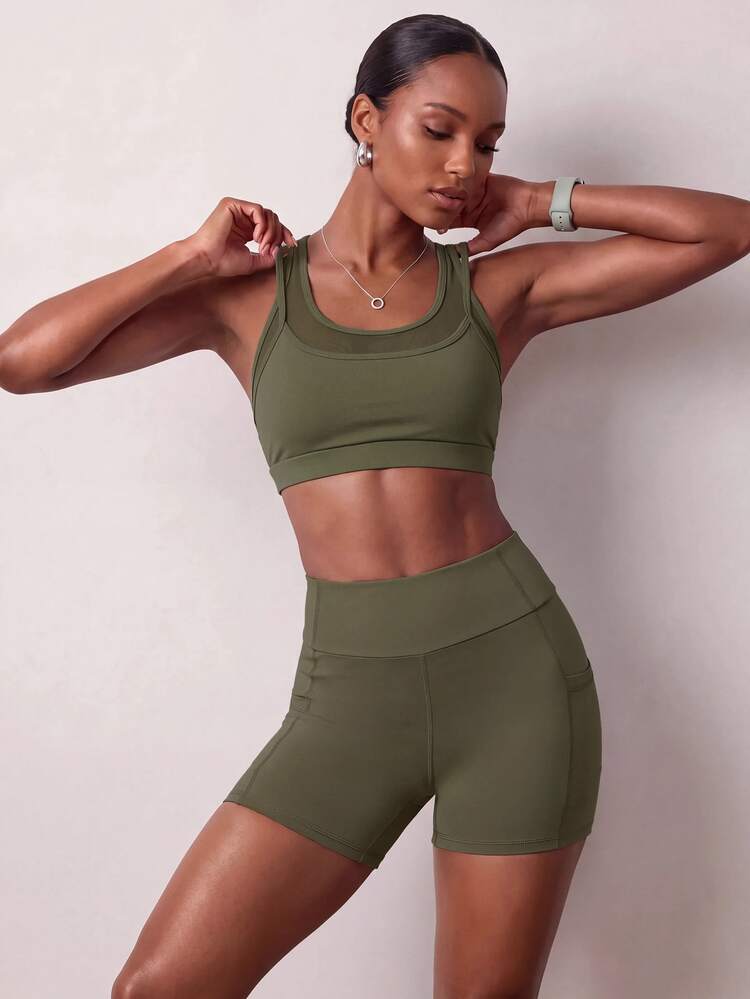 Zivah Women's Olive Green Sports Bra And Shorts Set - Summer Gym Workout Yoga Activewear - Green - View 2