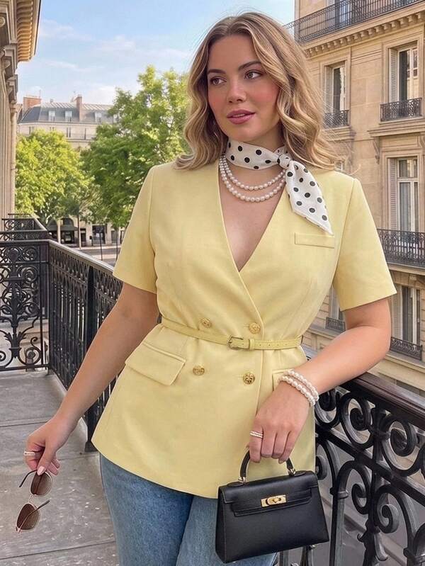 SHEIN MOD Blazer de silueta amarilla de otoño talla grande, diseño de cintura ceñida con cinturón amarillo, elegante para ir al trabajo, para mujer joven
