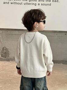 兒童小男孩休閒極簡時尚保暖舒適經典學院風熊圖案可愛款毛衣，適合通勤上學日常休閒度假旅行運動，秋冬穿著 - 白色 - 查看 4