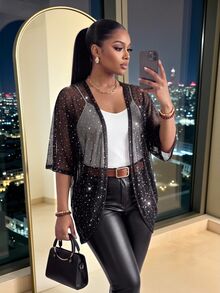 SHEIN Lady CURVE Jaket Transparan Payet Ukuran Besar untuk Musim Panas Gaya Elegan Mewah Hitam untuk Tamu Pernikahan Formal Konser Malam dan Rodeo - Hitam - View 4