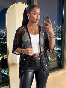 SHEIN Lady CURVE Jaket Transparan Payet Ukuran Besar untuk Musim Panas Gaya Elegan Mewah Hitam untuk Tamu Pernikahan Formal Konser Malam dan Rodeo - Hitam - View 5