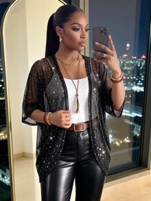 SHEIN Lady CURVE Jaket Transparan Payet Ukuran Besar untuk Musim Panas Gaya Elegan Mewah Hitam untuk Tamu Pernikahan Formal Konser Malam dan Rodeo - Hitam - View 3