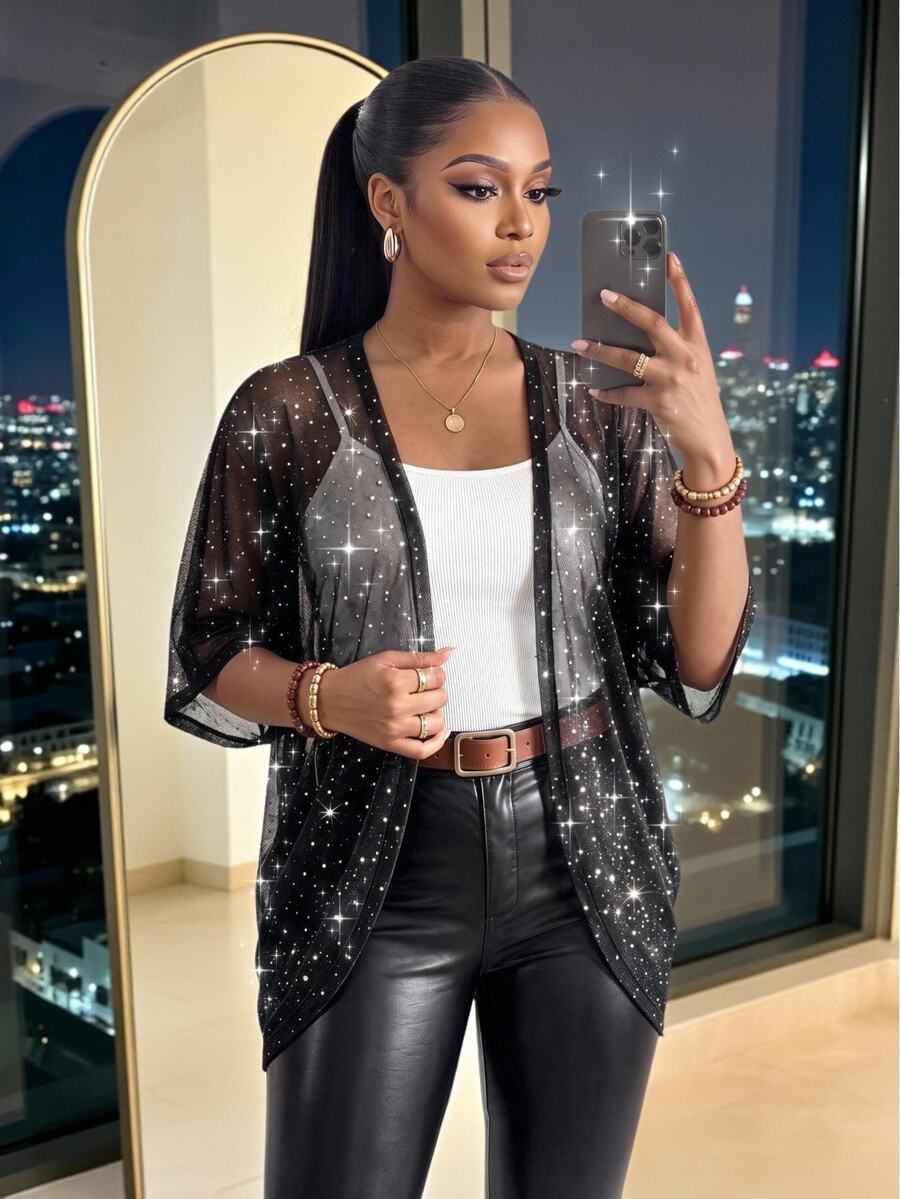 SHEIN Lady CURVE Jaket Transparan Payet Ukuran Besar untuk Musim Panas Gaya Elegan Mewah Hitam untuk Tamu Pernikahan Formal Konser Malam dan Rodeo - Hitam - View 1