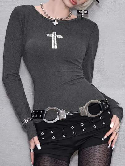 ROMWE Avant Maglietta da donna a maniche lunghe, aderente, con design versatile a croce e borchie, in stile punk Y2K