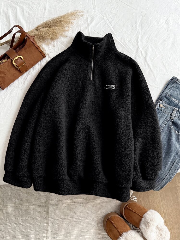 Solflare Plus Size Women's Letter Print Casual Racing Everyday Long Sleeve Sweatshirt Formal Brunch Black Autumn - Black - View 6
