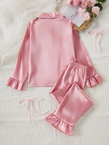 甜美風蝴蝶結刺繡長袖開襟衫與長褲兩件套，女孩休閒舒適居家服 - 粉色 - 查看 3