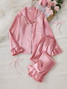 甜美風蝴蝶結刺繡長袖開襟衫與長褲兩件套，女孩休閒舒適居家服 - 粉色 - 查看 2