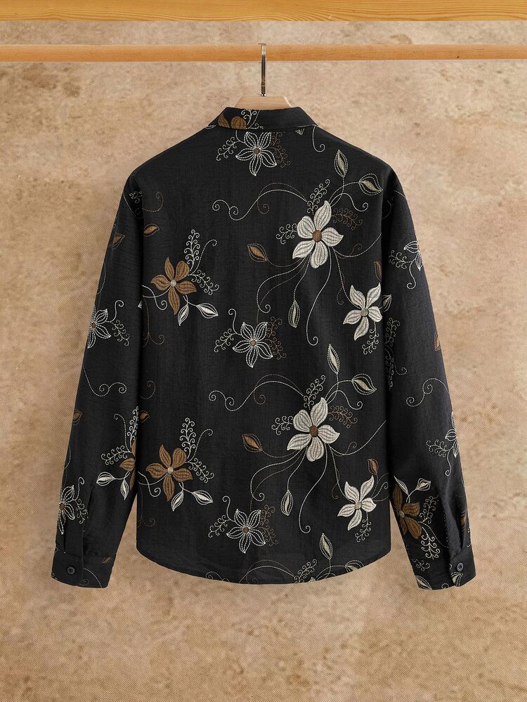 HIMLAND Men's Long Sleeve Shirt, Black Floral Button-Down, Vintage Flower Print, Bohemian Menswear, Beach Resort Wear, Rugged Casual Top - Black - View 3