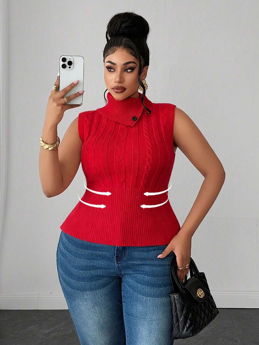 Maweii Plus Size Women's Sweater High Collar Sleeveless Vest, Slim And Sexy, Autumn And Winter, Red - Red - View 1