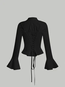 SHEIN MOD 纯色褶饰纽扣前荷叶边袖衬衫、长袖上衣 - 黑色 - 查看 2