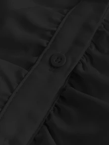 SHEIN MOD 纯色褶饰纽扣前荷叶边袖衬衫、长袖上衣 - 黑色 - 查看 4