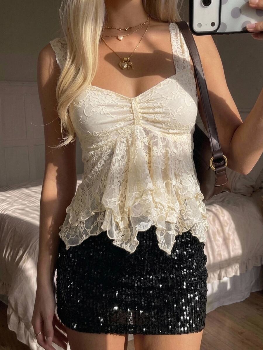 CovetEZ White Women's Lace Ruffle Asymmetric Hem Camisole Brunch Vacation Summer Fairy - Apricot - View 1