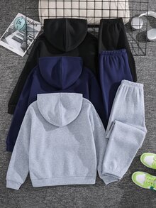 SHEIN Pakaian Kasual Sehari-hari untuk Anak Laki-Laki Usia Remaja: Kaos Lengan Panjang Berkerudung dengan Patch dan Celana Pendek - MultiWarna - View 2