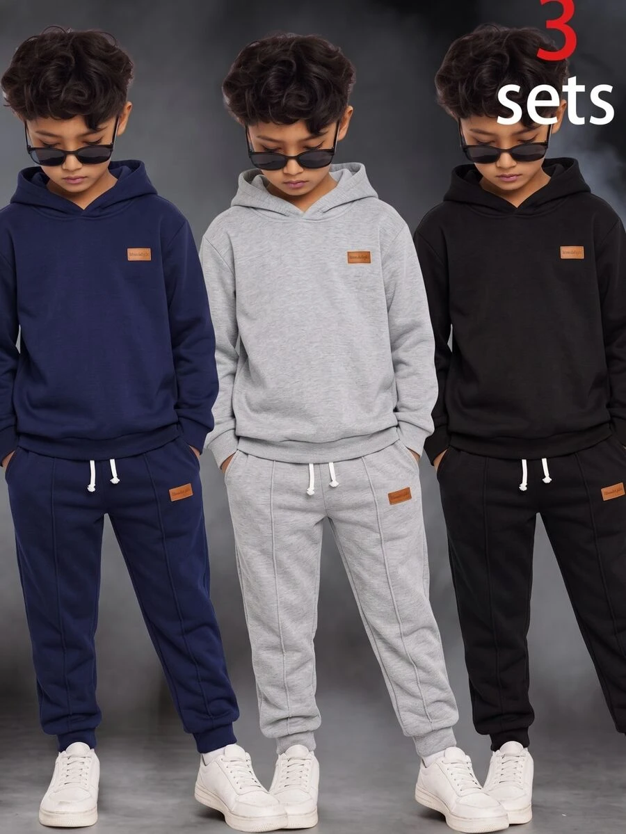 SHEIN 兒童青少年男孩拼接連帽長袖T恤與短褲休閒日常套裝 - 彩色 - 查看 1