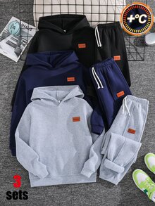 SHEIN Pakaian Kasual Sehari-hari untuk Anak Laki-Laki Usia Remaja: Kaos Lengan Panjang Berkerudung dengan Patch dan Celana Pendek - MultiWarna - View 3