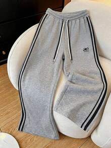 DAZY Women's Casual Sports Streetwear Sweatpants With Contrast Side Tape, Drawstring Waist, Pattern Embroidery, Elastic Waist And Drawstring Cuffs, Spring/Autumn - Grey - View 2
