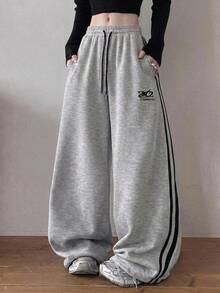 DAZY Women's Casual Sports Streetwear Sweatpants With Contrast Side Tape, Drawstring Waist, Pattern Embroidery, Elastic Waist And Drawstring Cuffs, Spring/Autumn - Grey - View 1