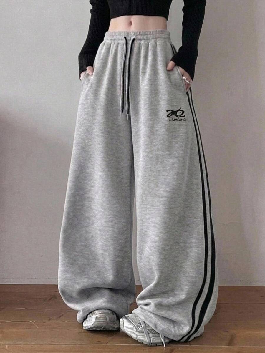 DAZY Women's Casual Sports Streetwear Sweatpants With Contrast Side Tape, Drawstring Waist, Pattern Embroidery, Elastic Waist And Drawstring Cuffs, Spring/Autumn - Grey - View 1