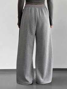 DAZY Women's Casual Sports Streetwear Sweatpants With Contrast Side Tape, Drawstring Waist, Pattern Embroidery, Elastic Waist And Drawstring Cuffs, Spring/Autumn - Grey - View 3
