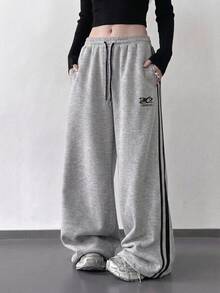 DAZY Women's Casual Sports Streetwear Sweatpants With Contrast Side Tape, Drawstring Waist, Pattern Embroidery, Elastic Waist And Drawstring Cuffs, Spring/Autumn - Grey - View 7