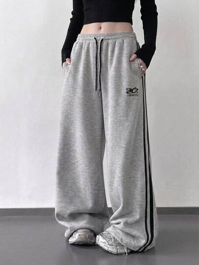 DAZY Women's Casual Sports Streetwear Sweatpants With Contrast Side Tape, Drawstring Waist, Pattern Embroidery, Elastic Waist And Drawstring Cuffs, Spring/Autumn