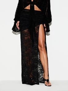 KIZN Sheer Floral Lace Maxi Skirt With High Slit Ruched Waist Semi-Transparent Bodycon Silhouette Summer Festival Party - Black - View 1