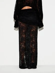 KIZN Sheer Floral Lace Maxi Skirt With High Slit Ruched Waist Semi-Transparent Bodycon Silhouette Summer Festival Party - Black - View 2