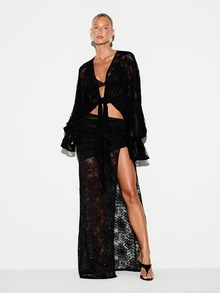 KIZN Sheer Floral Lace Maxi Skirt With High Slit Ruched Waist Semi-Transparent Bodycon Silhouette Summer Festival Party - Black - View 3