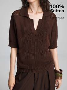 Ontre Loose Fit Versatile Hollow Out Short Sleeve Knit Top - Coffee Brown - View 1