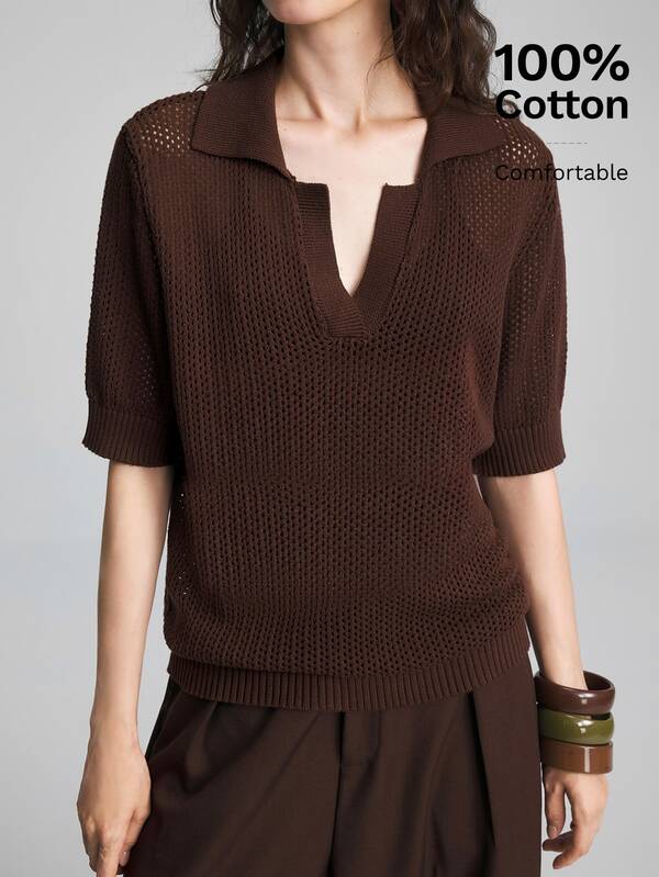Ontre Loose Fit Versatile Hollow Out Short Sleeve Knit Top