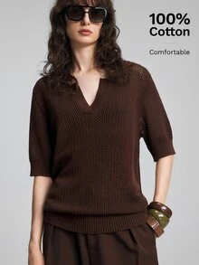 Ontre Loose Fit Versatile Hollow Out Short Sleeve Knit Top - Coffee Brown - View 4