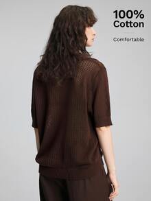 Ontre Loose Fit Versatile Hollow Out Short Sleeve Knit Top - Coffee Brown - View 3