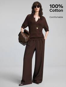 Ontre Loose Fit Versatile Hollow Out Short Sleeve Knit Top - Coffee Brown - View 2