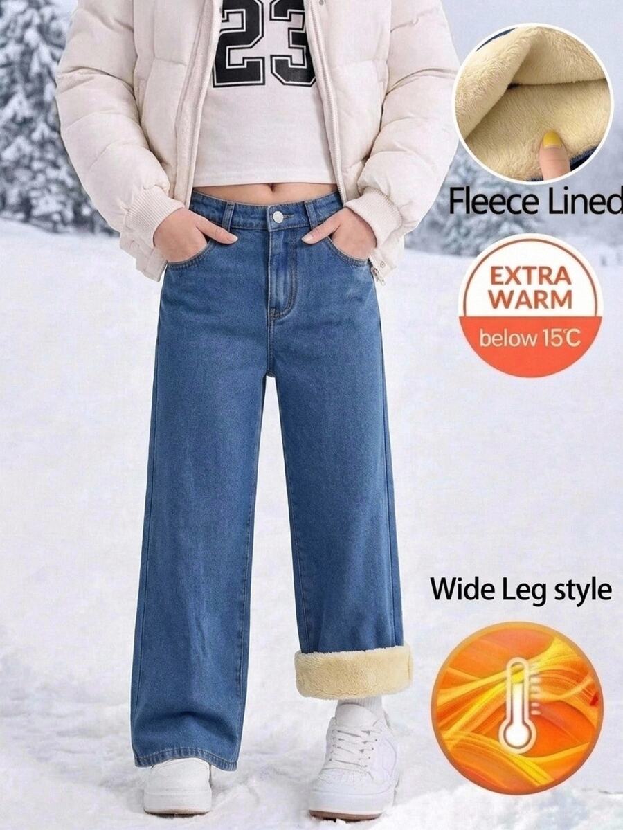 SHEIN Tween Girl Girls' Autumn/Winter Deep Blue Denim Fleece Lined Loose Wide Leg Long Pants - Blue - View 1