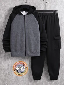 SHEIN 兒童青少年男孩休閒韓系寬鬆運動戶外開襟拼色連帽長袖衛衣外套與慢跑褲兩件套，適合秋冬休閒運動風 - 深灰色 - 查看 6